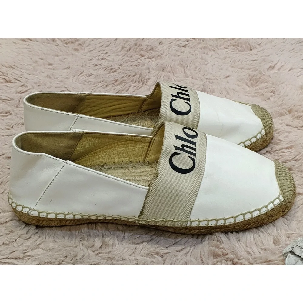 Chloe Woody Espadrille White Leather Logo Strap Slip On Flats Shoes‎